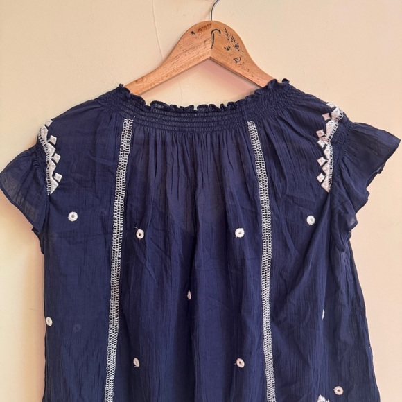 Joie Navy Blue Short Flutter Sleeve Embroidered Boho Womens Size S Peasant Top - Picture 7 of 14